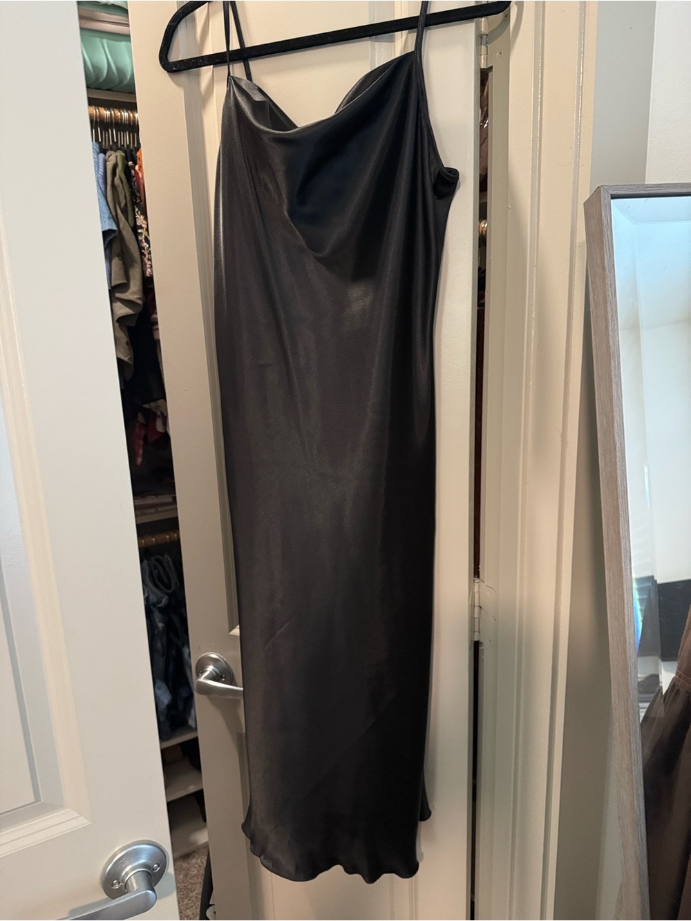 bebe Black Satin Cowl Midi Slip Dress